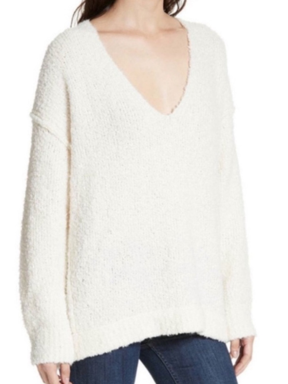 Free People Ivory Alpaca Blend V- Neck Oversized Sweater. size L, NWT